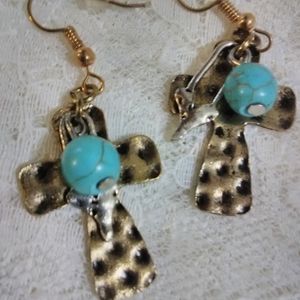 Religious New Gold Cross Earrings with Turq. Balls